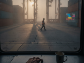 A worker in an orange safety vest and helmet walks across a foggy container yard, viewed from inside a vehicle with a mug on the table in the foregroundler.