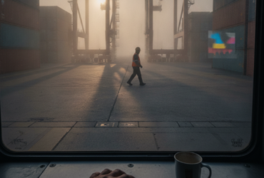 A worker in an orange safety vest and helmet walks across a foggy container yard, viewed from inside a vehicle with a mug on the table in the foregroundler.