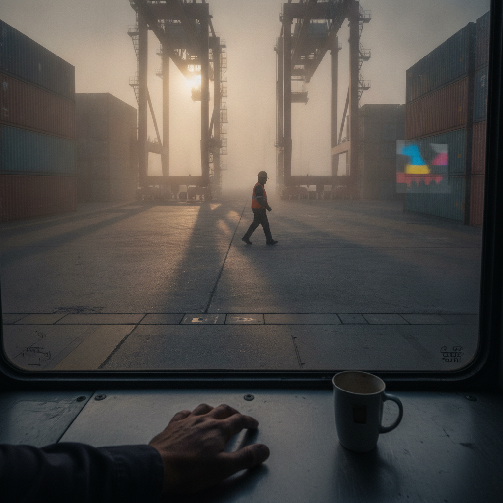 A worker in an orange safety vest and helmet walks across a foggy container yard, viewed from inside a vehicle with a mug on the table in the foregroundler.