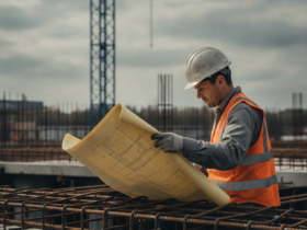 Construction worker in a hard hat and bright safety vest unrolling blueprint over rusted rebar at an active construction site with a crane in the background.