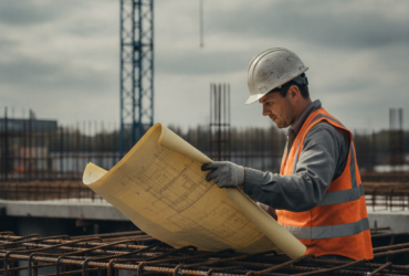 Construction worker in a hard hat and bright safety vest unrolling blueprint over rusted rebar at an active construction site with a crane in the background.