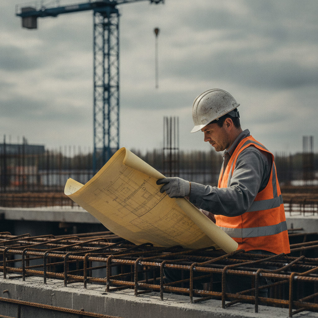 Construction worker in a hard hat and bright safety vest unrolling blueprint over rusted rebar at an active construction site with a crane in the background.