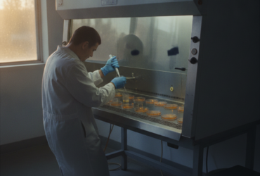 Lab technician in a white coat and blue gloves pipetting into Petri dishes inside a laminar flow hood.
