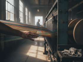 A worker’s hand reaching toward rainbow threads on a loom in a dim industrial weave room.