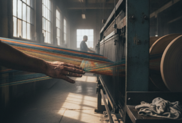 A worker’s hand reaching toward rainbow threads on a loom in a dim industrial weave room.