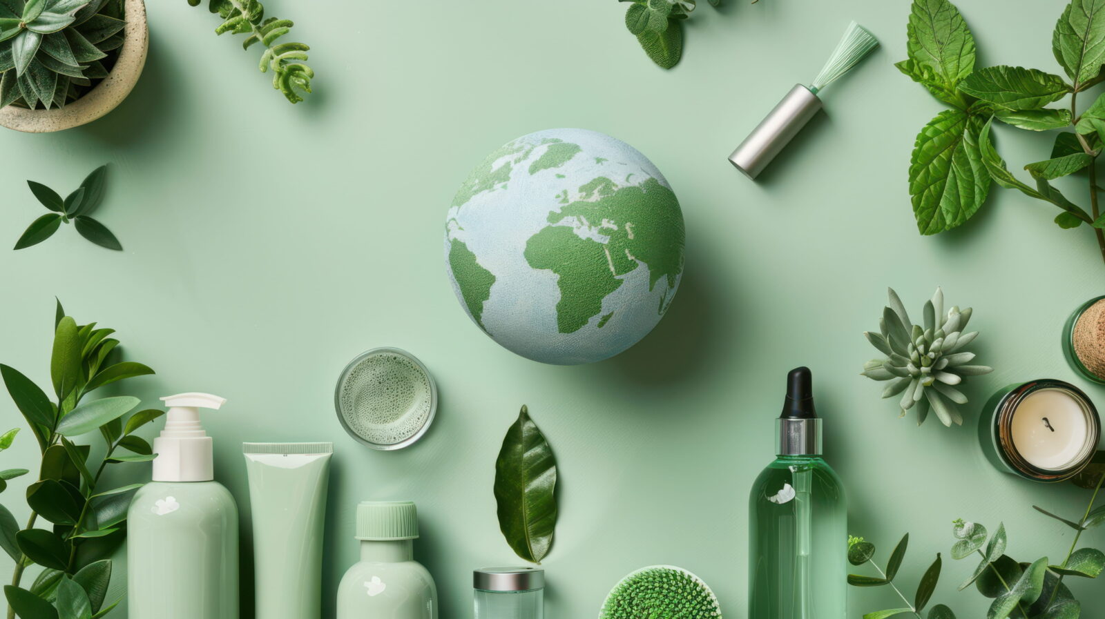 Green-themed beauty products surround a textured globe, promoting eco-friendly living and sustainability.