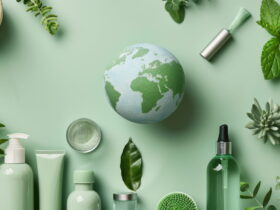 Green-themed beauty products surround a textured globe, promoting eco-friendly living and sustainability.