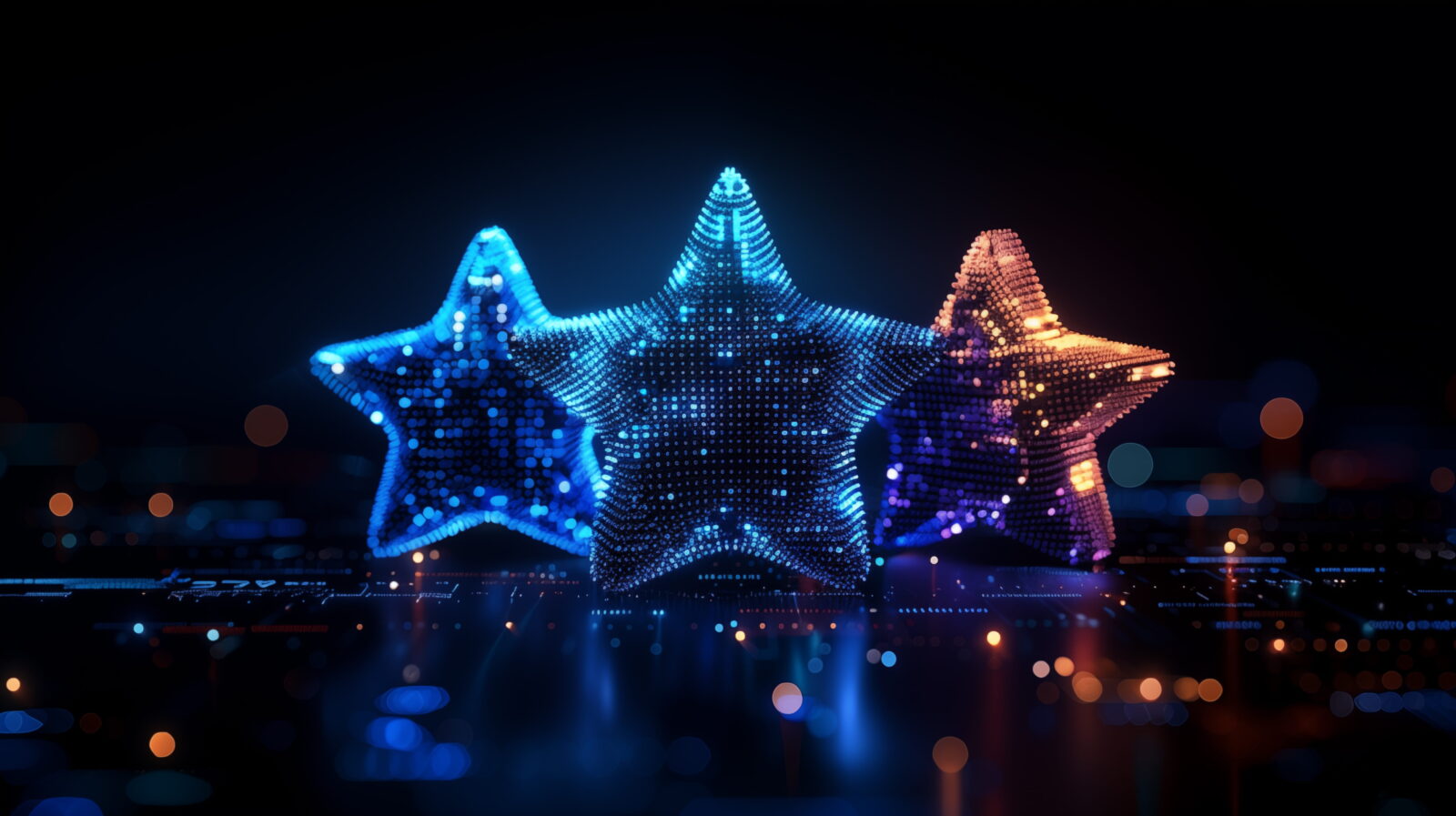 Three glowing star-shaped panels made of blue and orange dots against a dark, bokeh-filled background.