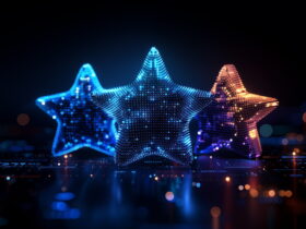 Three glowing star-shaped panels made of blue and orange dots against a dark, bokeh-filled background.