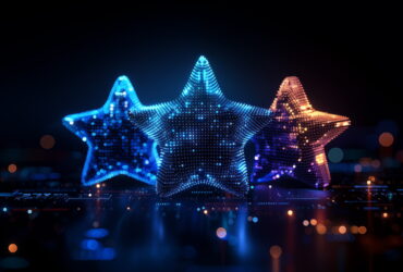 Three glowing star-shaped panels made of blue and orange dots against a dark, bokeh-filled background.