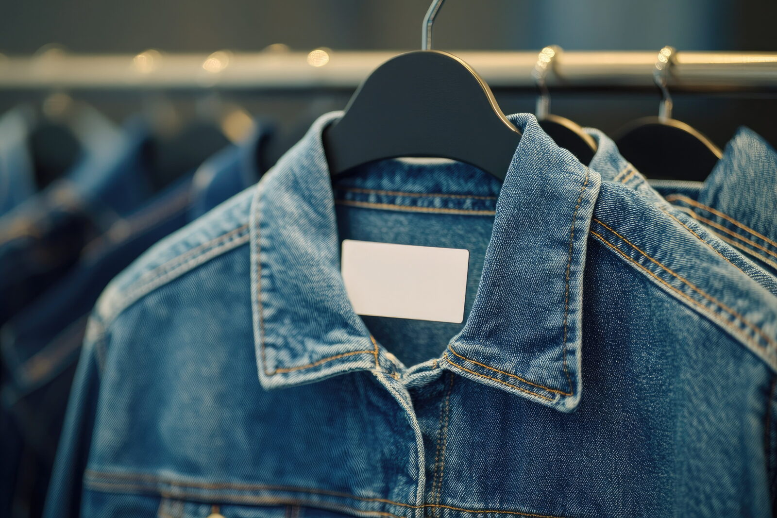 Denim jacket on a hanger in a clothing display, with a blank tag visible on the chest area.