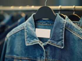 Denim jacket on a hanger in a clothing display, with a blank tag visible on the chest area.