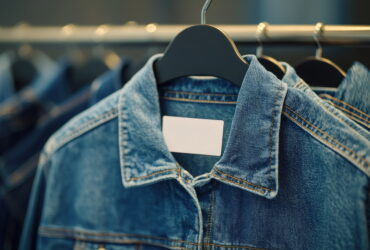 Denim jacket on a hanger in a clothing display, with a blank tag visible on the chest area.