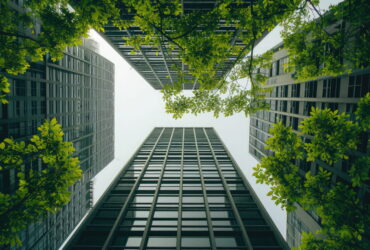Upward view of modern glass office buildings surrounding a courtyard with green trees and bright sky above.