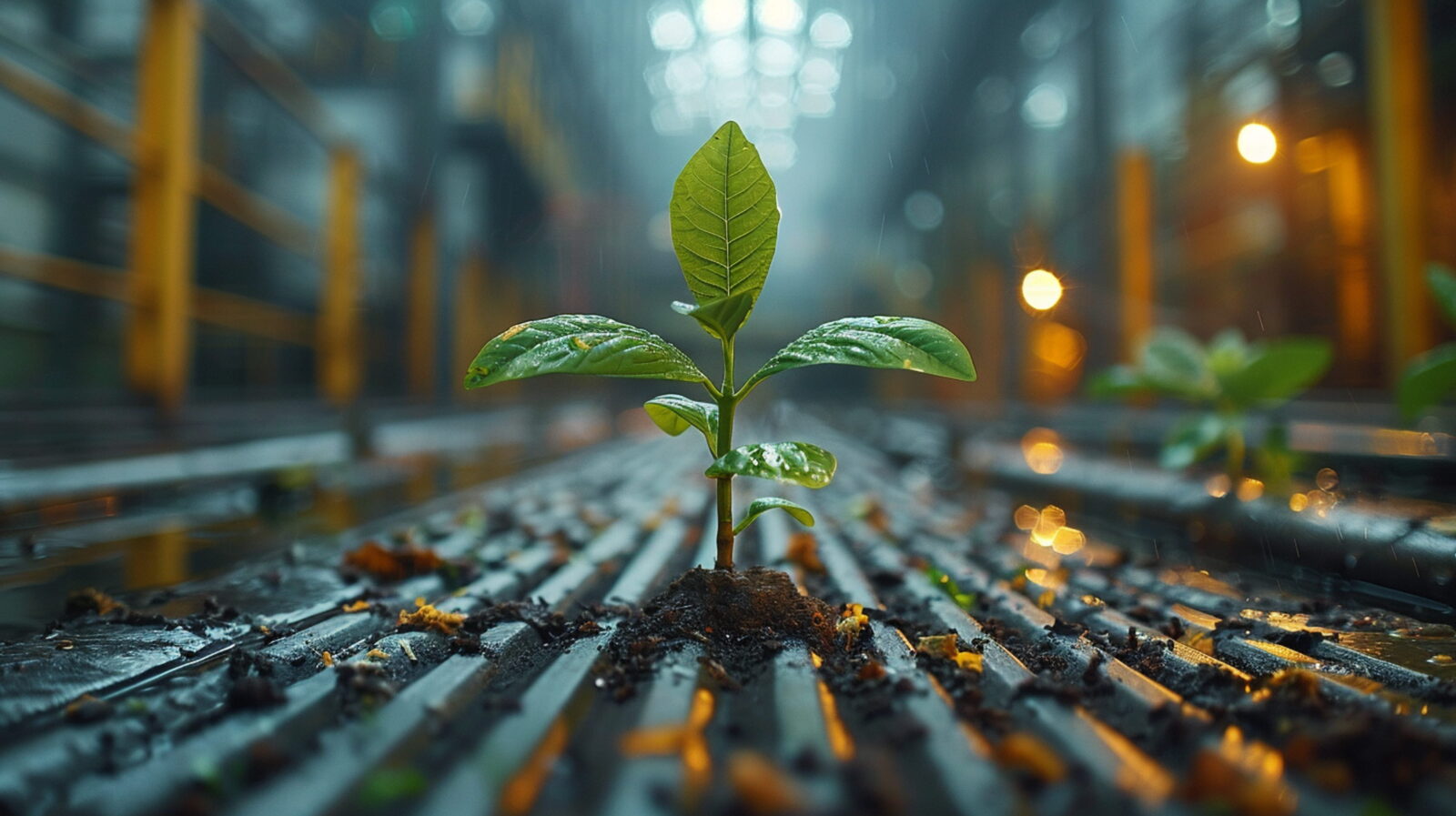 Small green seedling growing through soil between railroad tracks in a rainy, industrial setting.