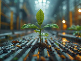 Small green seedling growing through soil between railroad tracks in a rainy, industrial setting.