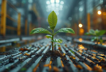 Small green seedling growing through soil between railroad tracks in a rainy, industrial setting.