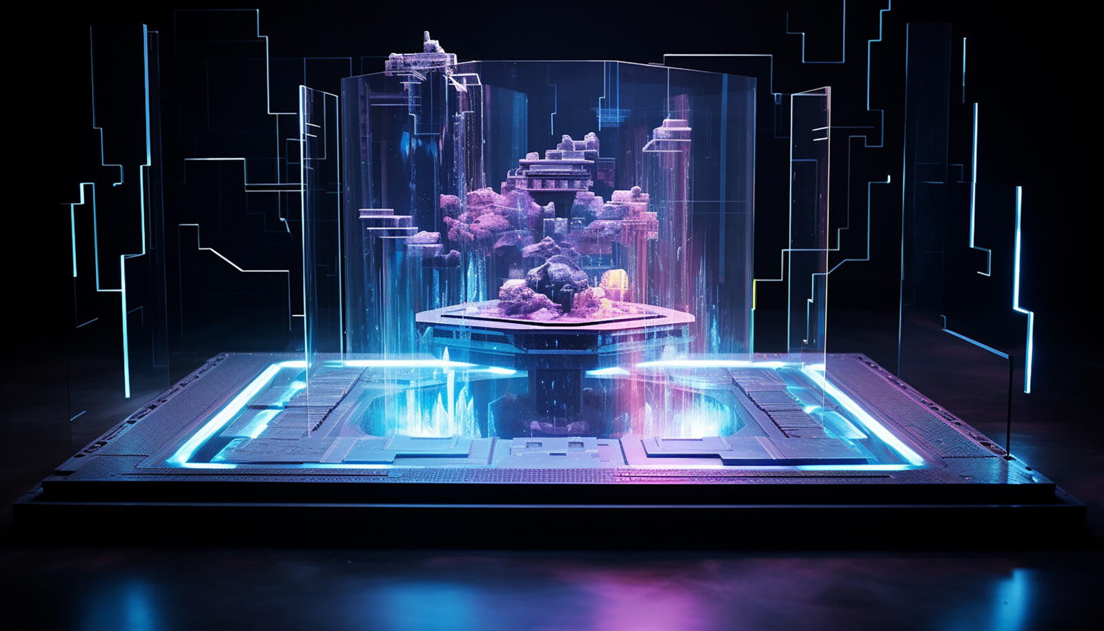 Futuristic holographic diorama with purple crystal structures inside a glass cube, surrounded by neon blue light panels.