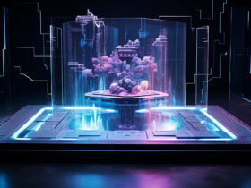 Futuristic holographic diorama with purple crystal structures inside a glass cube, surrounded by neon blue light panels.