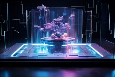 Futuristic holographic diorama with purple crystal structures inside a glass cube, surrounded by neon blue light panels.
