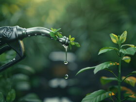 A small green plant sprouts from a bicycle handlebar as water droplets fall, with a blurred green background.