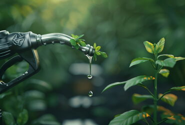 A small green plant sprouts from a bicycle handlebar as water droplets fall, with a blurred green background.