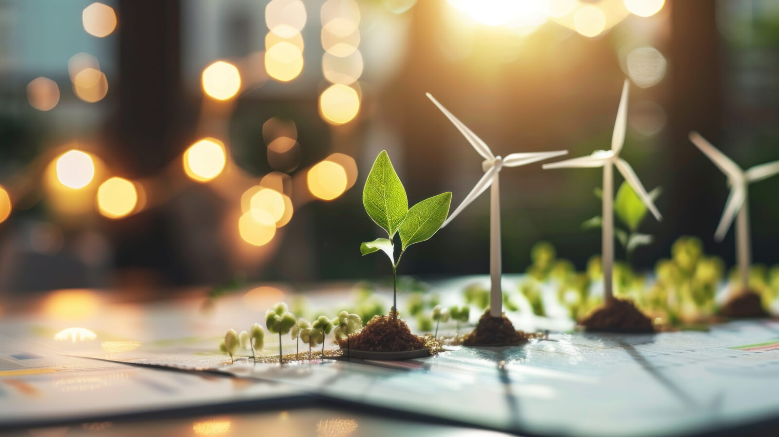 Close-up of young seedlings and miniature wind turbines on a plan, with warm bokeh lights in the background, illustrating renewable energy.