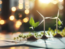 Close-up of young seedlings and miniature wind turbines on a plan, with warm bokeh lights in the background, illustrating renewable energy.