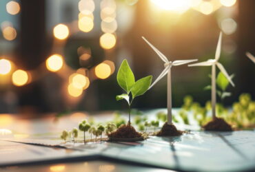 Close-up of young seedlings and miniature wind turbines on a plan, with warm bokeh lights in the background, illustrating renewable energy.