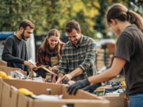 Group of adults sorting and packing fresh produce into cardboard boxes outdoors at a community event
