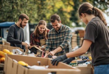 Group of adults sorting and packing fresh produce into cardboard boxes outdoors at a community event