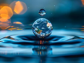 Close-up of a water droplet above a blue, reflective surface, with a miniature Earth reflection inside the droplet.