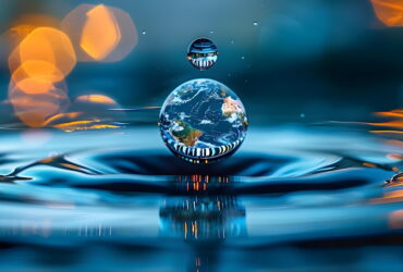 Close-up of a water droplet above a blue, reflective surface, with a miniature Earth reflection inside the droplet.