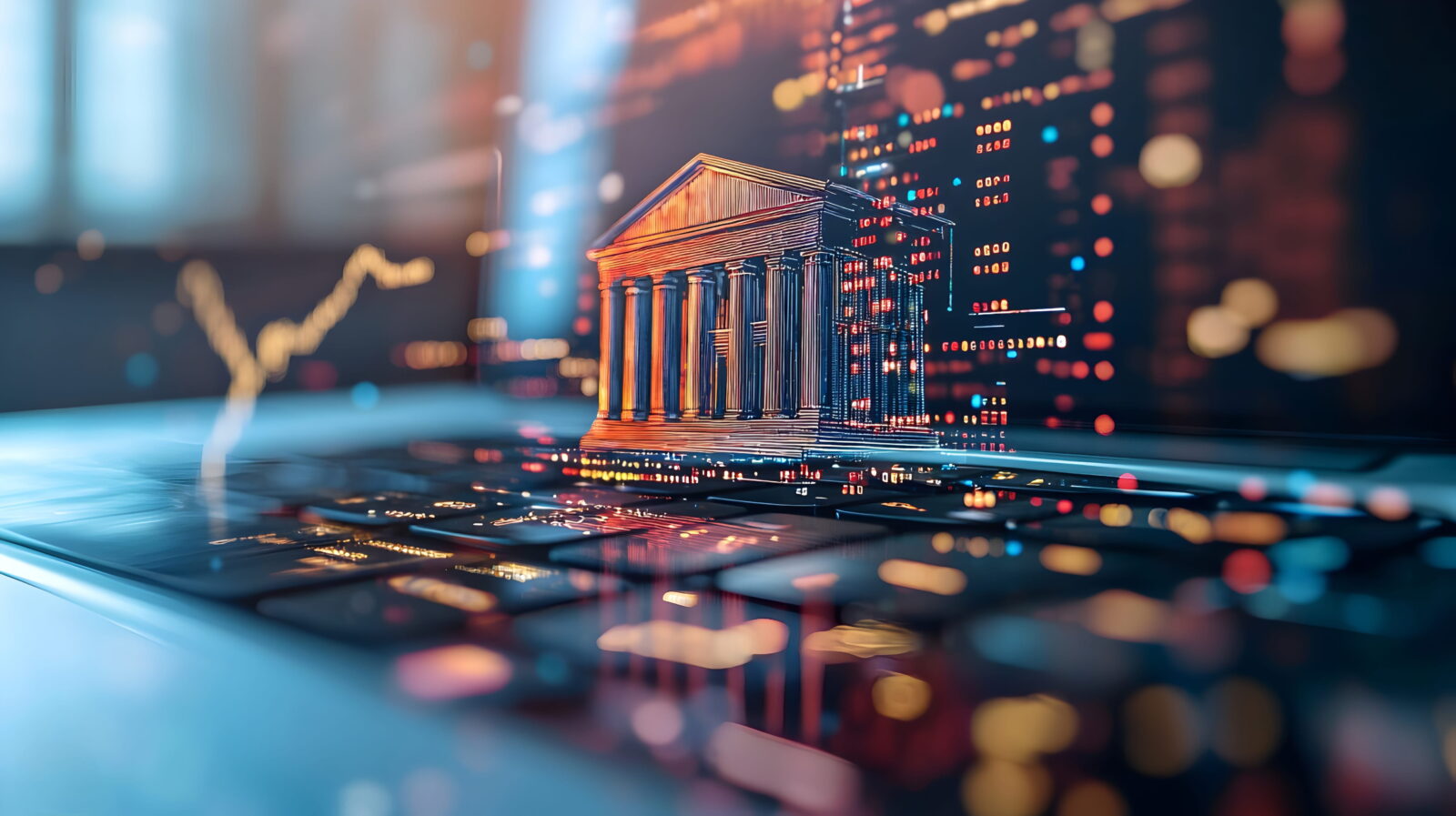 Neon-lit, classical-style building with columns sits on a glossy surface against a blurred city skyline of lights.