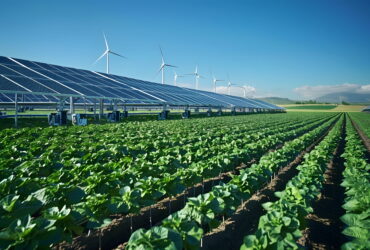 Rows of solar panels in a rural field with wind turbines visible on the horizon under a clear blue sky.
