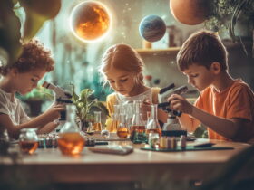 Three children at a science table using microscopes, examining plants and bottles of liquid.