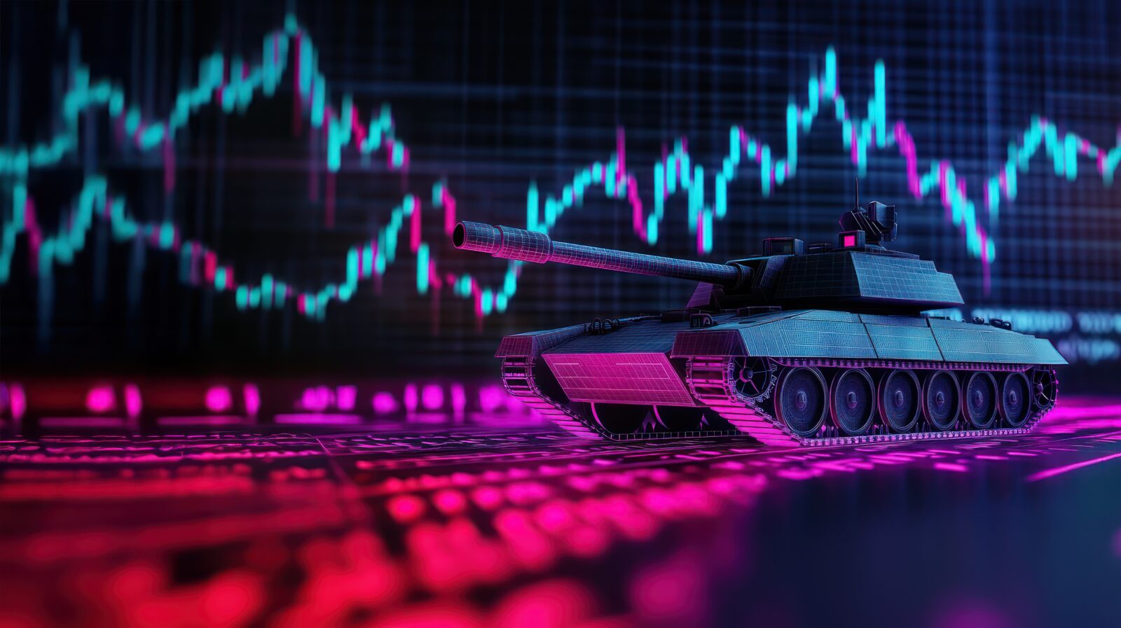 Neon-lit tank model with a stock market chart backdrop, conveying financial volatility and conflict themes.