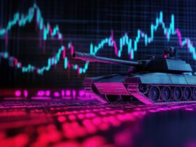 Neon-lit tank model with a stock market chart backdrop, conveying financial volatility and conflict themes.