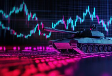 Neon-lit tank model with a stock market chart backdrop, conveying financial volatility and conflict themes.