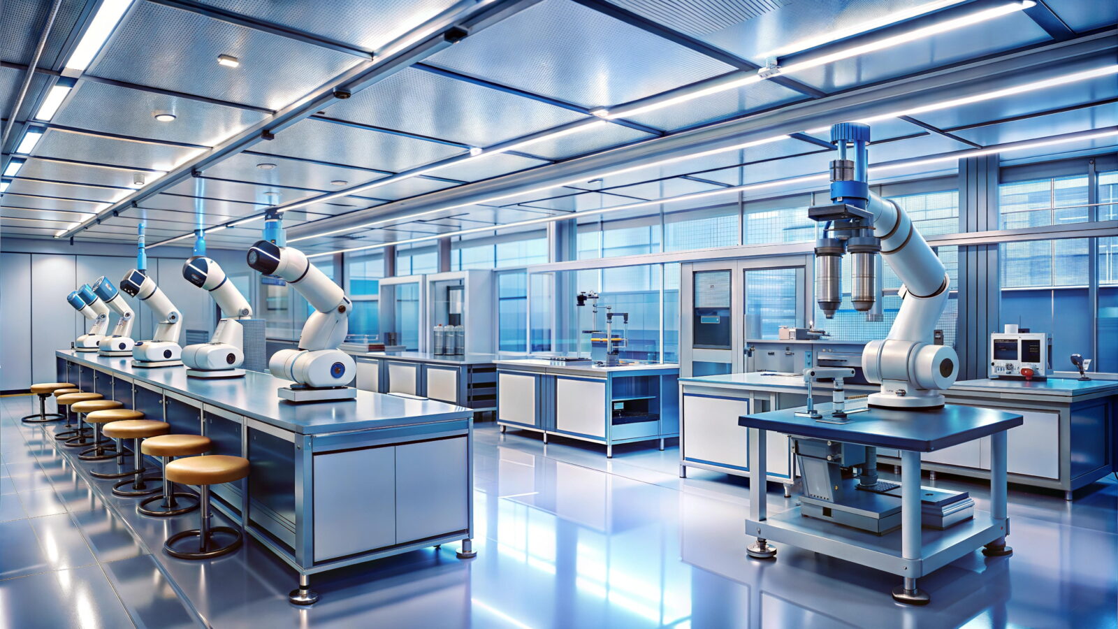 Robotics lab with several white robotic arms at blue workbenches under bright ceiling lights, in a clean, futuristic room.