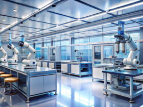 Robotics lab with several white robotic arms at blue workbenches under bright ceiling lights, in a clean, futuristic room.