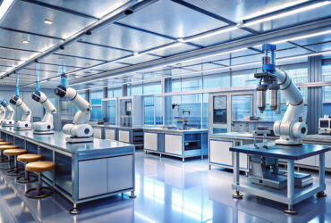 Robotics lab with several white robotic arms at blue workbenches under bright ceiling lights, in a clean, futuristic room.