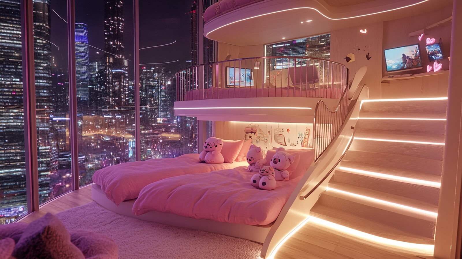 Pink-themed loft bedroom with curved, LED-lit staircase and city skyline visible through floor-to-ceiling windows, plush bears on beds, and soft lighting.