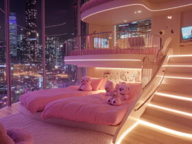 Pink-themed loft bedroom with curved, LED-lit staircase and city skyline visible through floor-to-ceiling windows, plush bears on beds, and soft lighting.