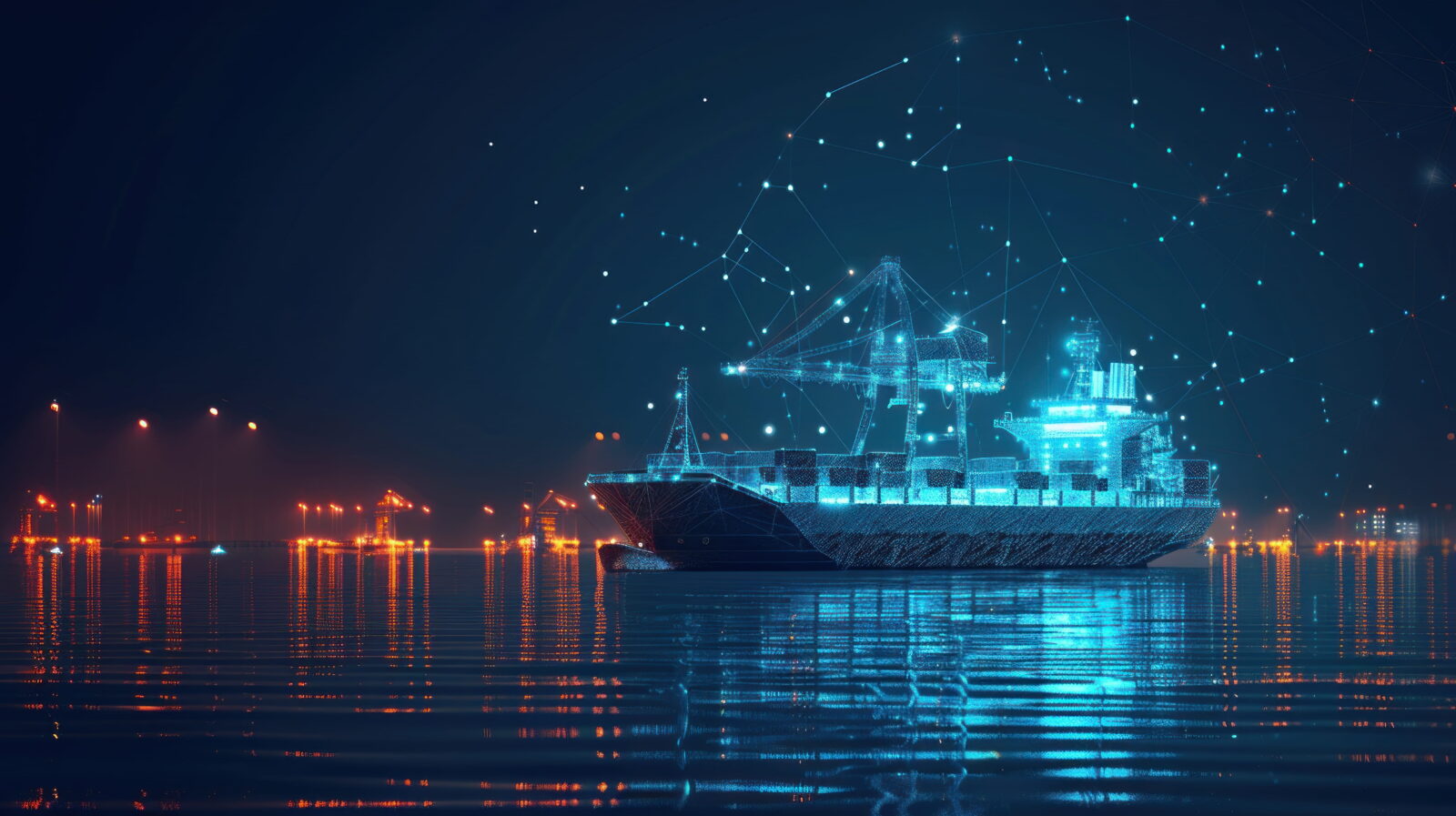 Futuristic cargo ship lit in blue, connected by glowing network lines and dots across the harbor at night.