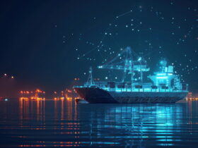 Futuristic cargo ship lit in blue, connected by glowing network lines and dots across the harbor at night.