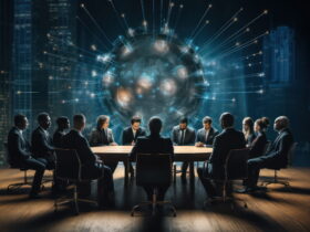 Professionals in suits seated around a round conference table, focusing on a glowing futuristic globe with blue data lines above the table.