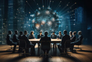 Professionals in suits seated around a round conference table, focusing on a glowing futuristic globe with blue data lines above the table.