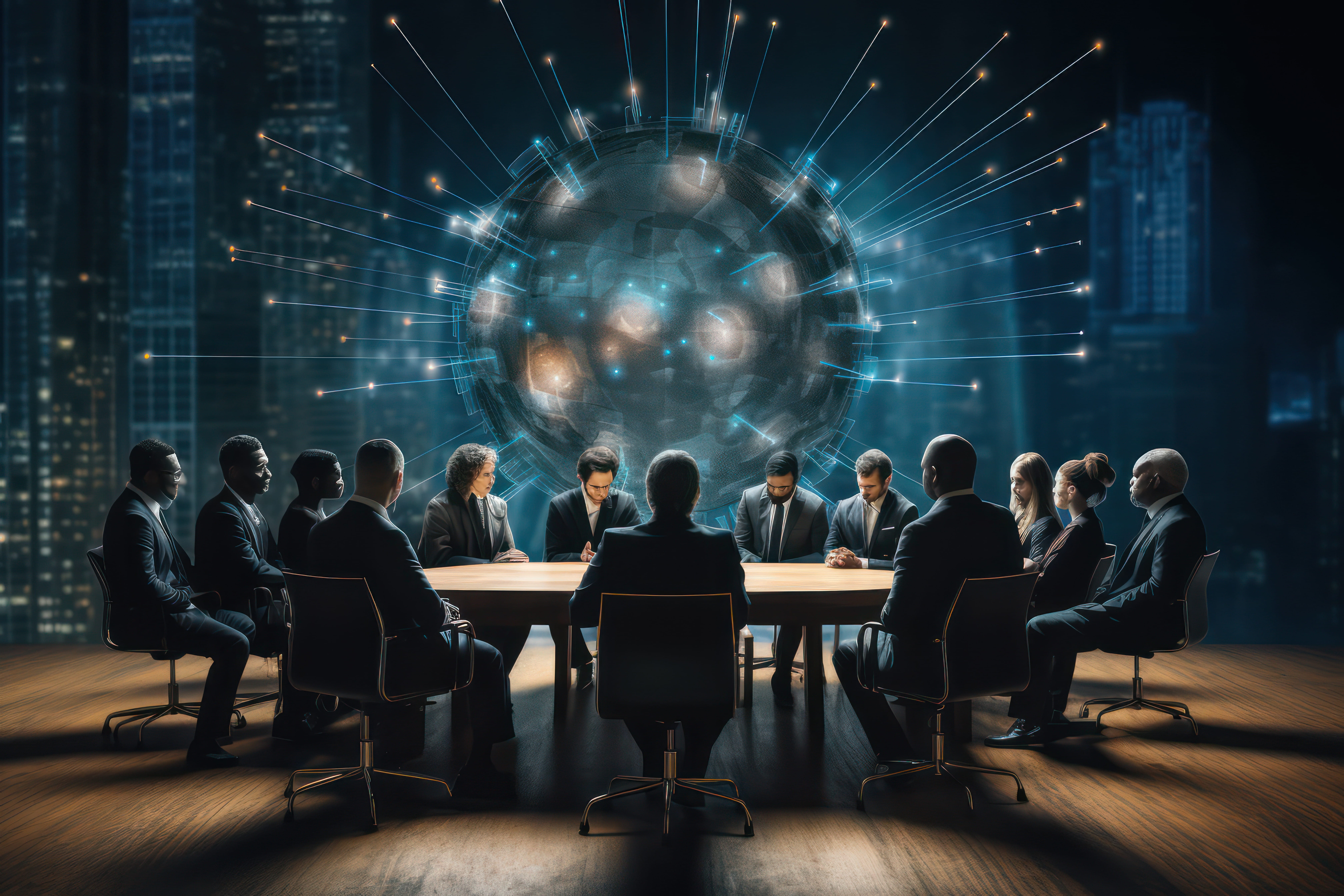 Professionals in suits seated around a round conference table, focusing on a glowing futuristic globe with blue data lines above the table.