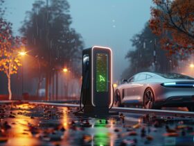 Electric car charging at a sleek station on a rainy city street at dusk, neon lights outlining the charger and car.